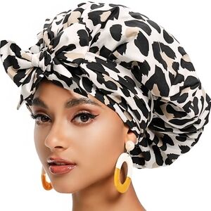 Satin Bonnet, X Large Silk Bonnet for Curly, Black Hair Sleep Protection w/ Tie